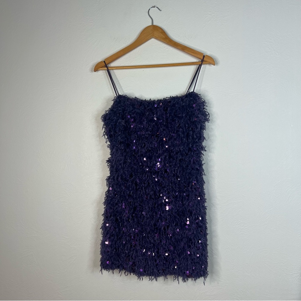 UO Urban Outfitters Camila Mini Dress Purple Sequin Feathers Spaghetti Strap XS